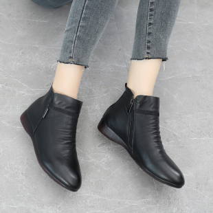 真皮小短靴软底单靴平底女鞋加绒马丁靴大码女鞋冬季牛皮妈妈棉鞋