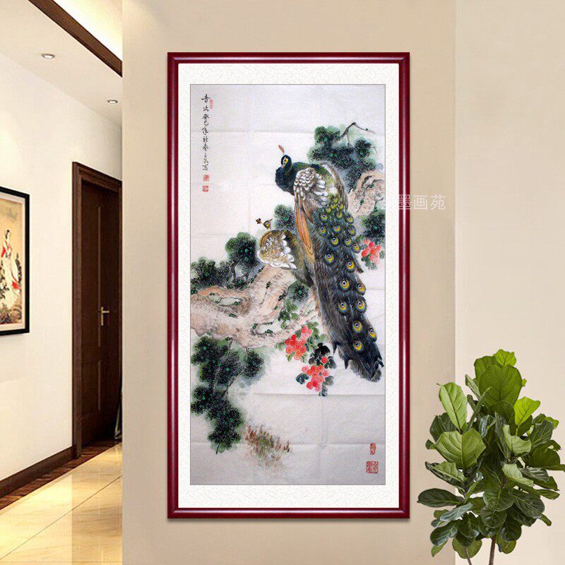国画手绘孔雀富贵吉祥挂画入户玄关过道装饰壁画工笔花鸟进门挂画