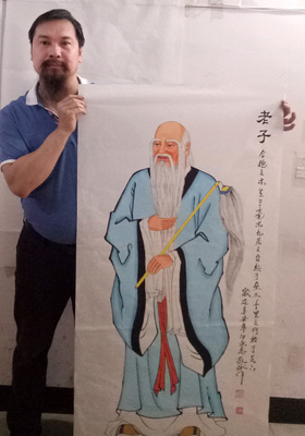 名家国画人物手绘老子画像书房学校茶楼书画装饰画古代名人字画