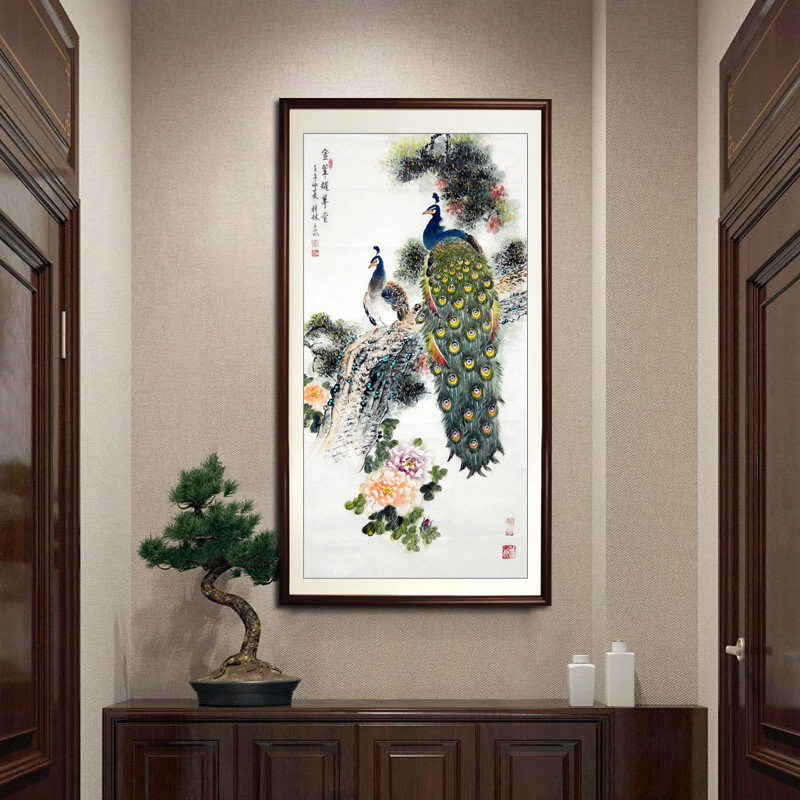 客厅卧室玄关装饰挂画中国画手绘风水竖版孔雀锦鸡仙鹤牡丹花鸟图
