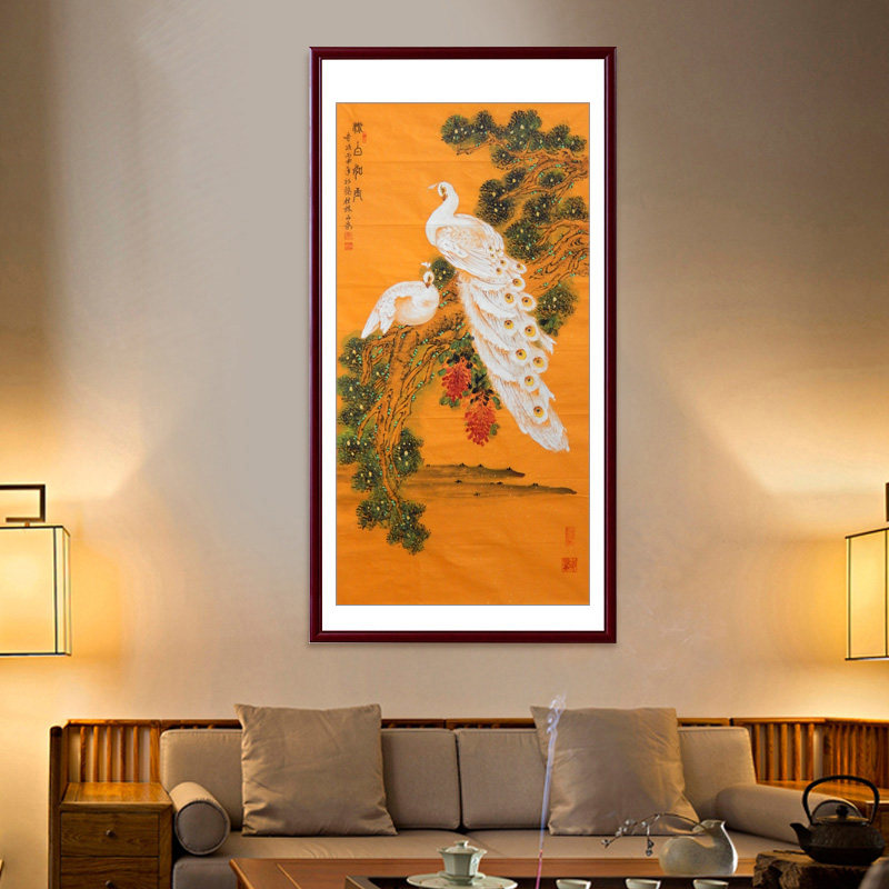 名家手绘白羽孔雀花鸟画国画玄关走廊客厅装饰画酒店风水招财挂画