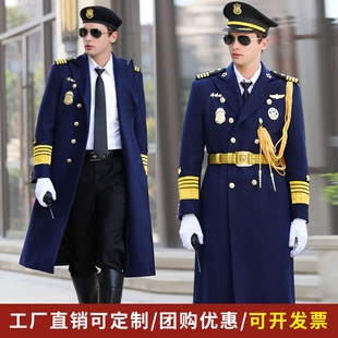 保安羊毛呢子蓝色大衣工作服男加棉冬装 羊绒形象岗礼宾服服长款