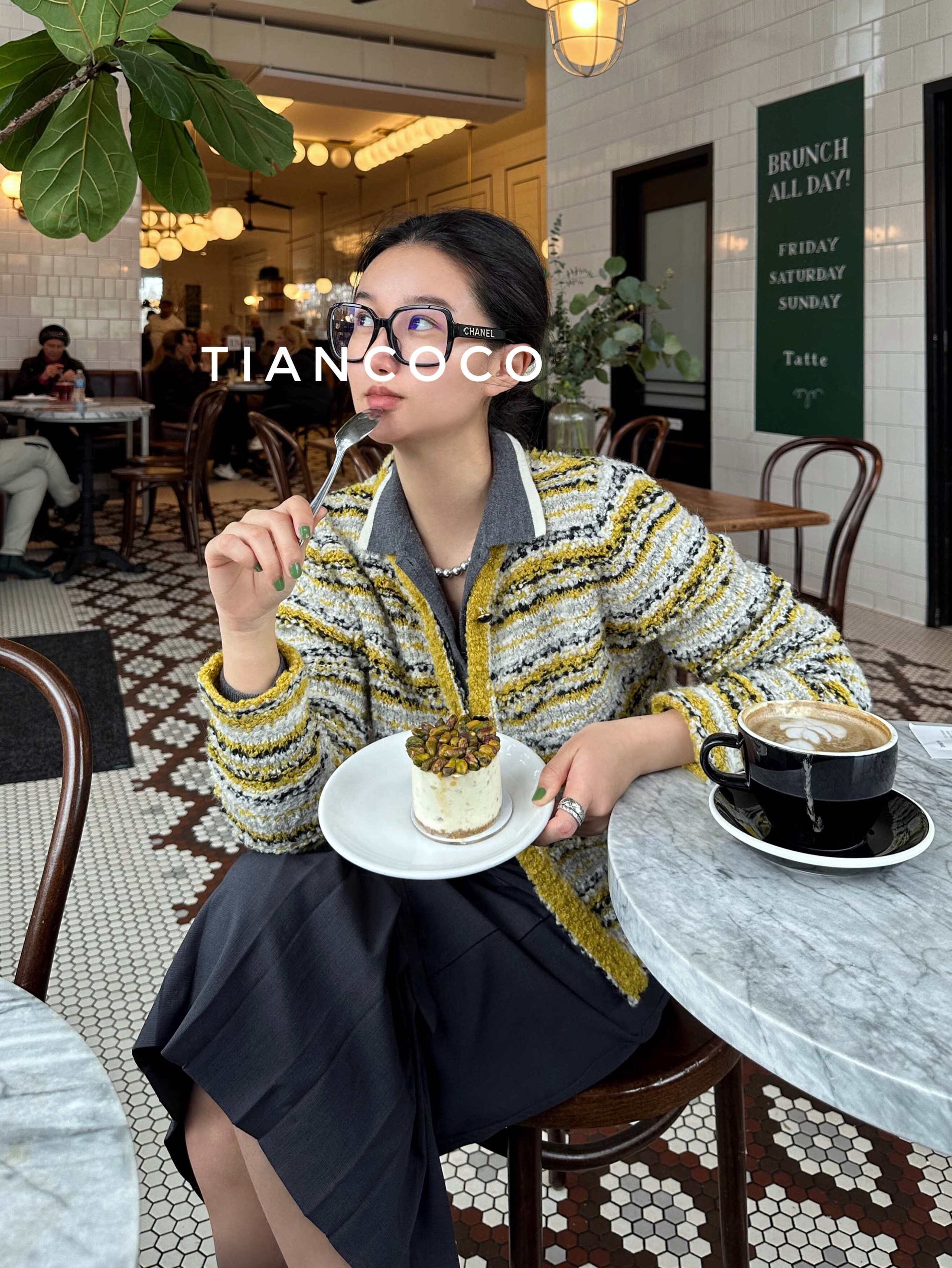 TIANCOCO 小香风高品质羊驼毛羊毛混色条纹毛衣开衫圈圈毛2024春