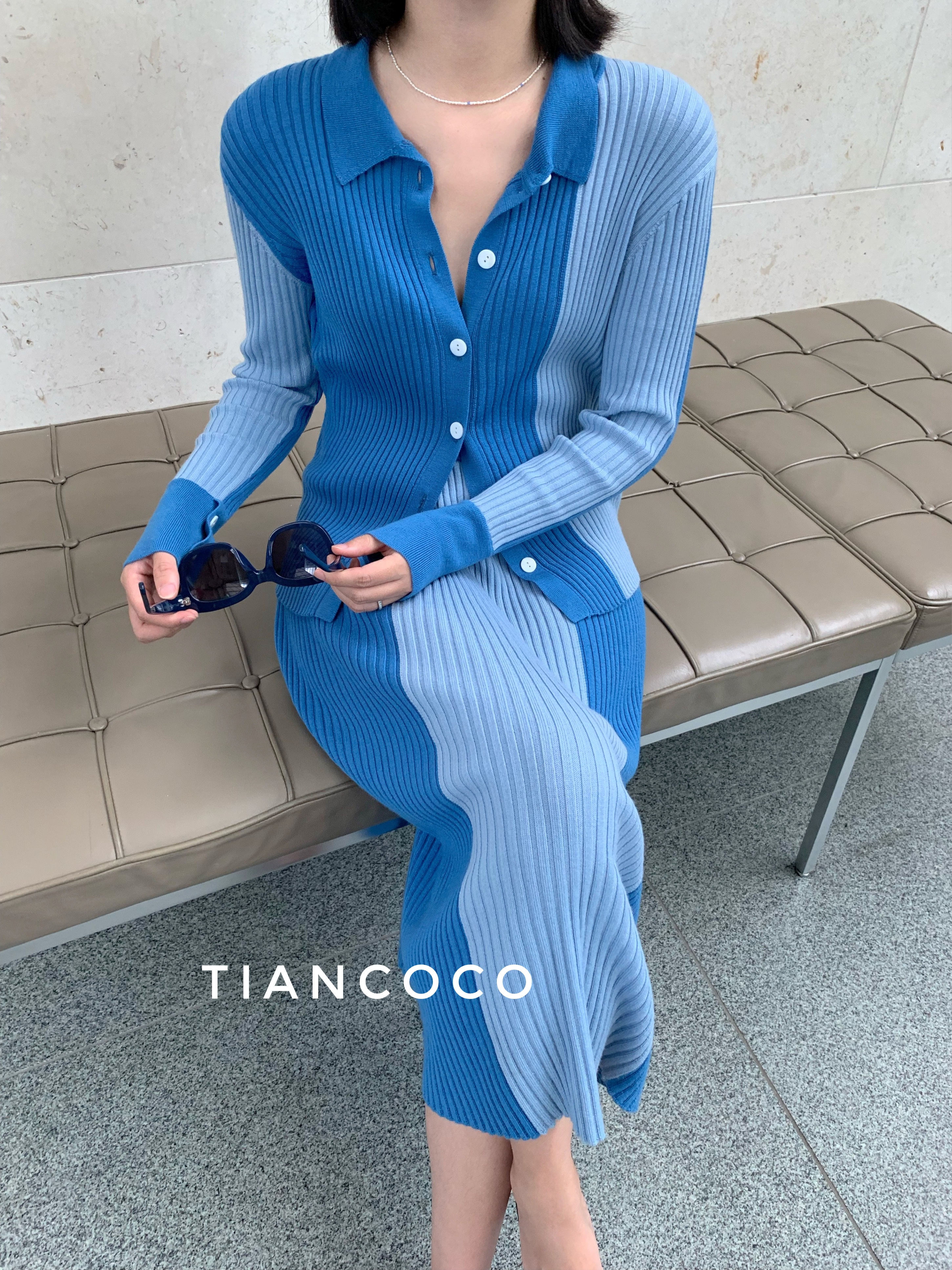 撞色针织套装羊毛羊毛针织套装