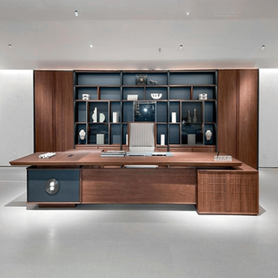 新中式老板桌实木大班台董事长带侧桌轻奢高级感黑胡桃木办公桌椅