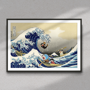 日式神奈川冲浪里挂画居酒屋餐厅装饰画浮世绘哆啦A梦儿童房壁画