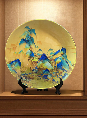 中式千里江山图赏盘客厅酒