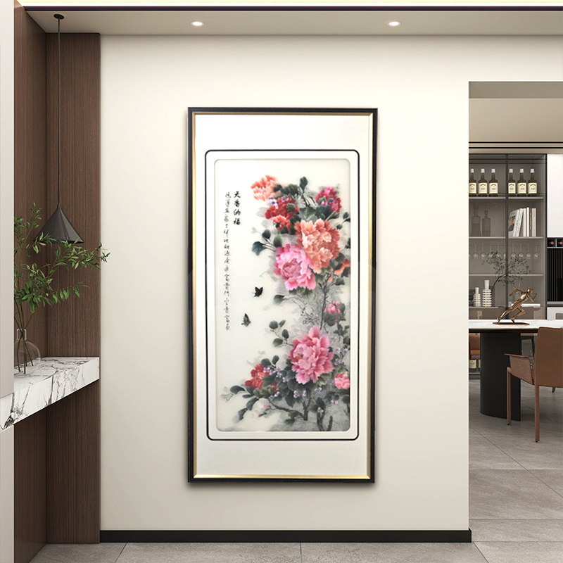 新中式立体手工刺绣装饰画 客厅办公室撒背景玄关挂画花刺绣80160图片