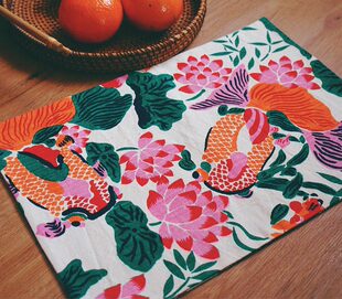 手织老布印花金鱼餐垫咖啡布垫土布中式复古喜庆布艺茶杯垫家用