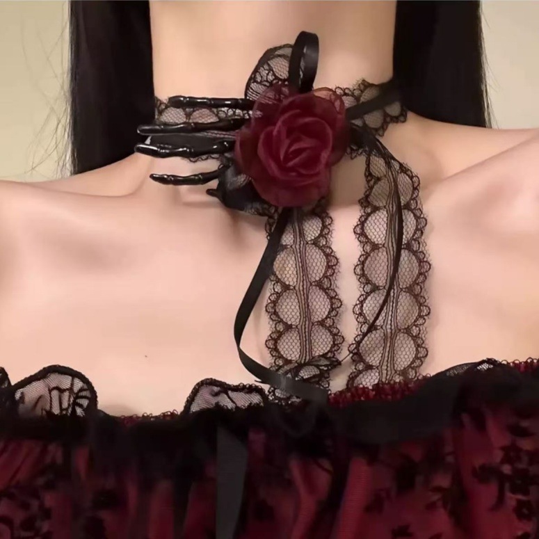 万圣节哥特风氛围感cos玫瑰发夹蝴蝶结蕾丝侧边夹女鸭嘴夹