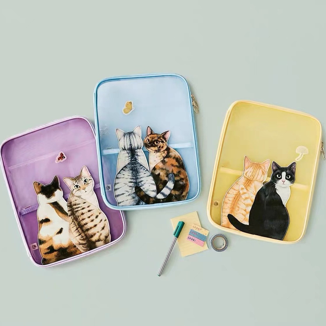 可爱创意好奇猫咪回头看A4透明网纱文件办公收纳袋学生文具拉链袋