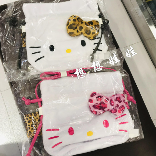 日本三丽鸥kitty豹纹毛绒单肩包斜挎包大容量抽绳收纳束口袋