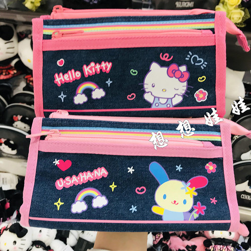 日本三丽鸥kitty花小兔公仔限定牛仔帆布学生文具拉链笔袋收纳袋