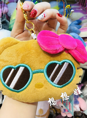 日本三丽鸥kitty黑皮墨镜毛绒公仔零钱收纳包伸缩卡套挂件包挂
