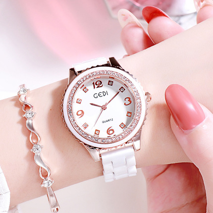 GEDI跨境爆款时尚陶瓷表带防水石英表简约潮流女士手表