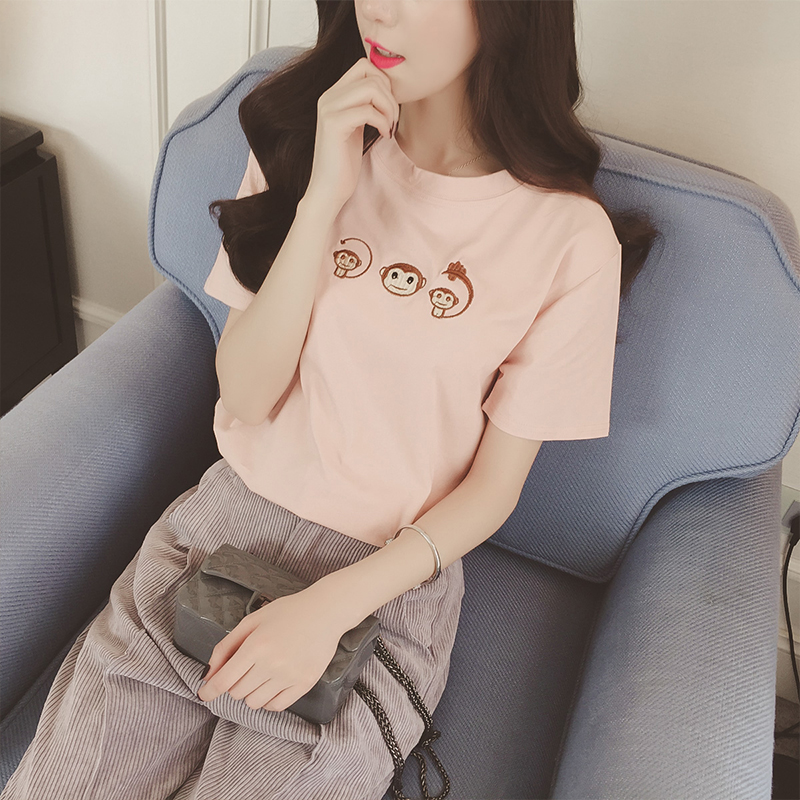 百搭刺绣小猴子短袖t恤女打底衫