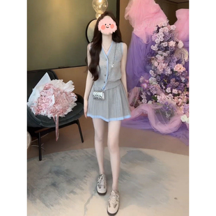 百搭短裙套装 夏季 显瘦修身 甜美可爱风拼色无袖 女 上衣今年流行新款