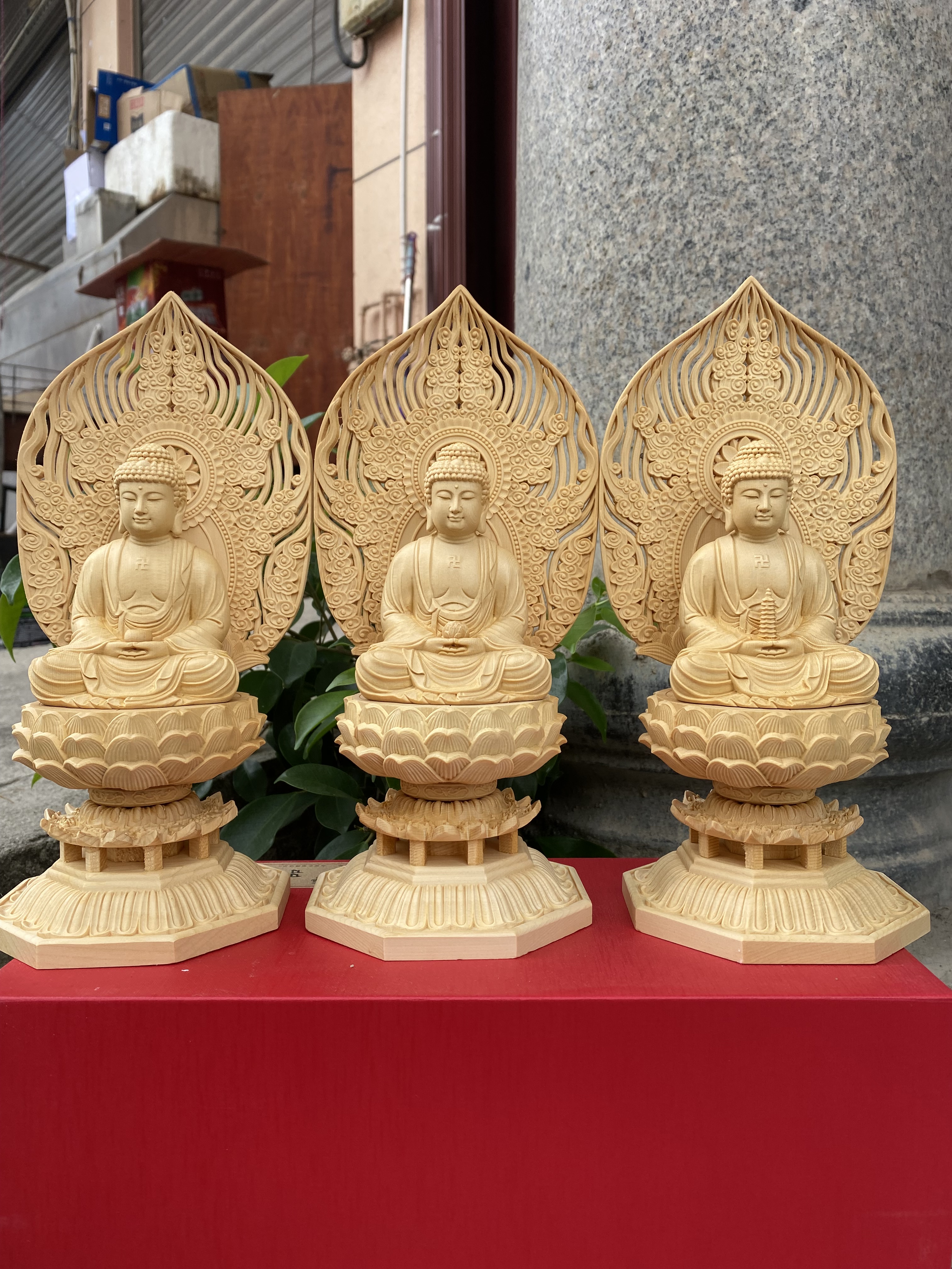 桧木雕三宝佛像家用佛龛供奉神像摆件释迦牟尼佛阿弥陀佛药师佛