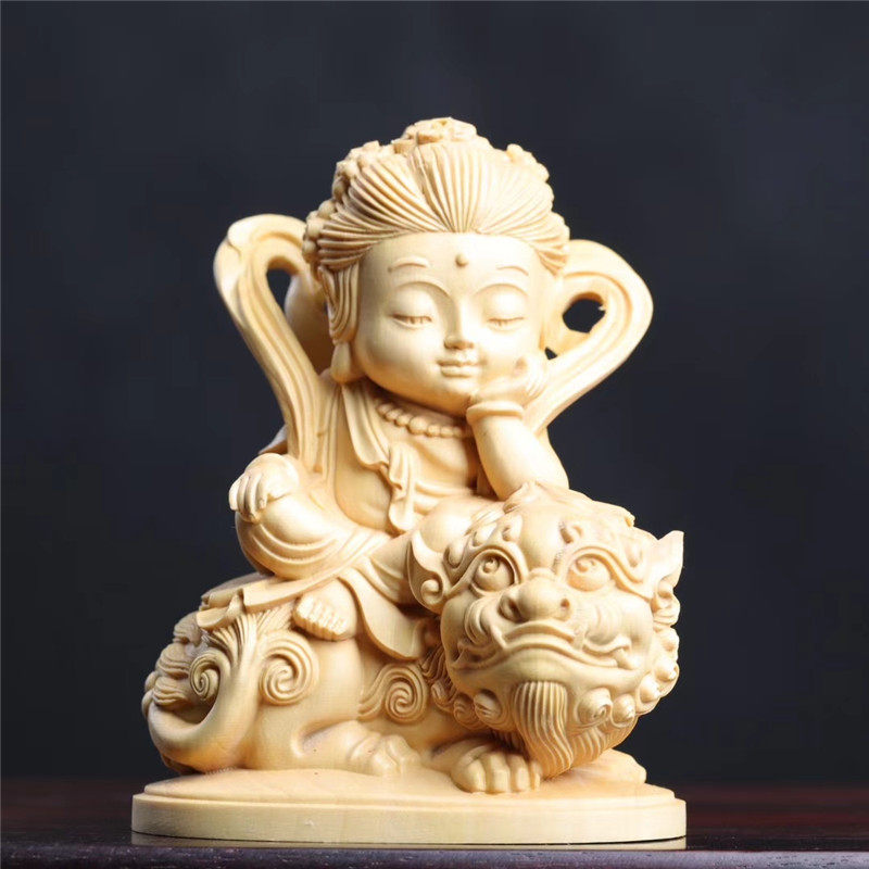 新款黄杨木雕文殊普贤菩萨雕刻工艺品家居饰品车摆件人物可爱版