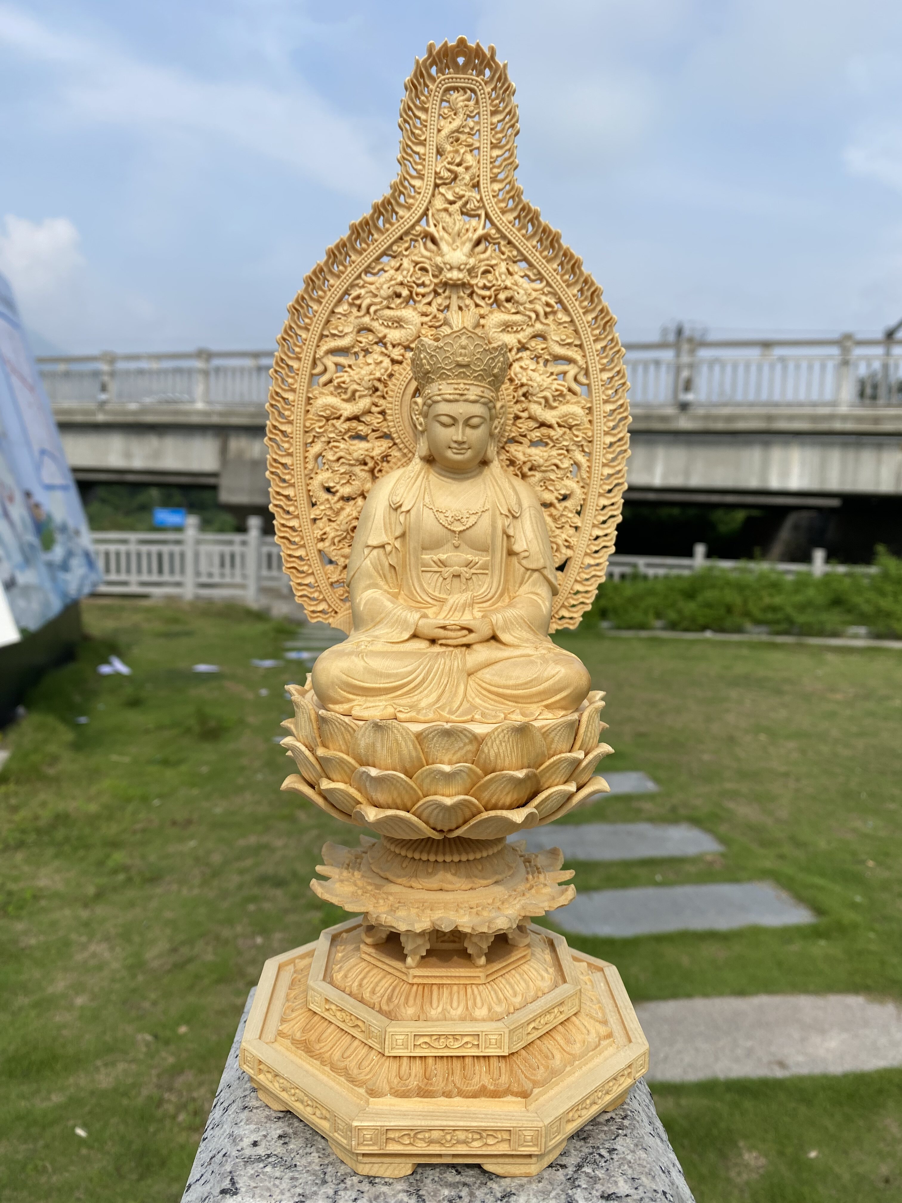 桧木木雕毗卢观音摆件实木雕刻普济寺观音佛寺庙居家供奉装饰工艺