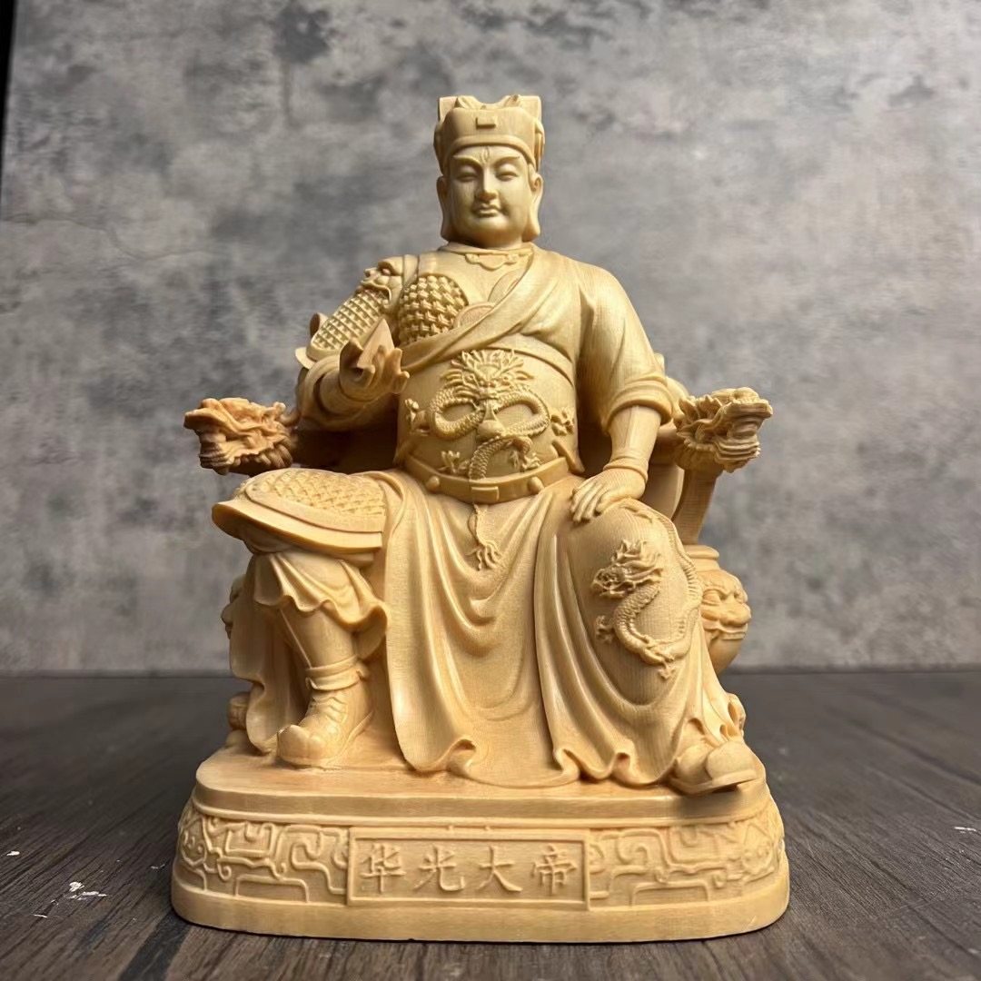 桧木精雕三眼马王爷华光大帝摆件