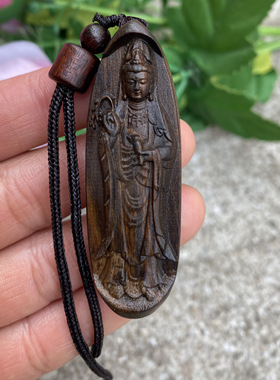 沉香木雕花净瓶观音吊坠