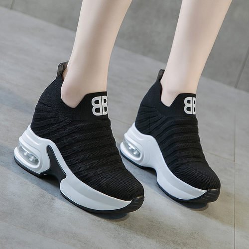 内增高女鞋镂空透气袜子鞋2025春季针织网面气垫鞋厚底休闲运动鞋