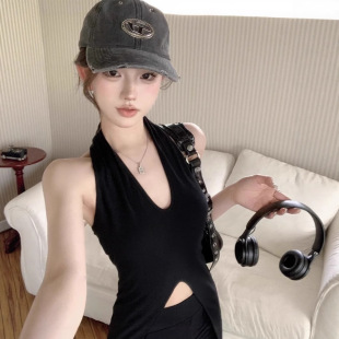 黑色背心 小众设计感显瘦无袖 辣妹性感V领挂脖上衣女2024夏季 法式
