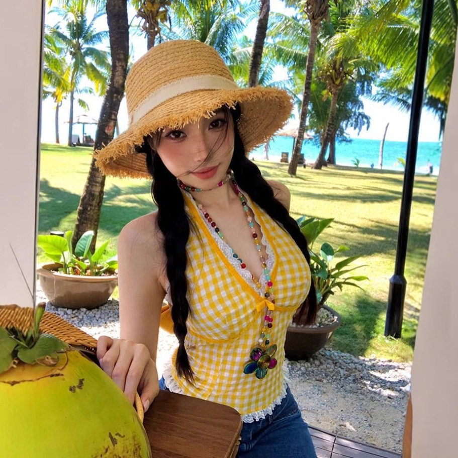 多巴胺黄色格子蕾丝吊带背心女外穿夏泰式辣妹v领抹胸小上衣绝美