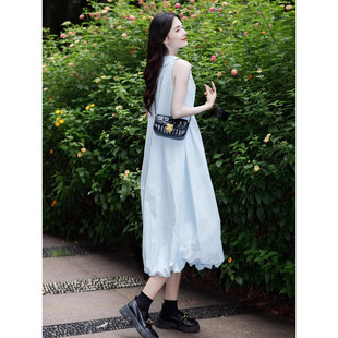 法式 小个子可爱甜美减龄花苞裙子 感蓝色无袖 吊带连衣裙女夏季