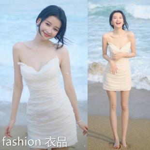 香港2024夏季 白色吊带连衣裙气质温柔甜美领褶皱短裙女潮 孙怡同款