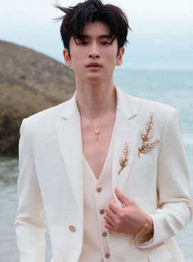 张云龙同款白色重工艺小麦亮片西装男商务休闲高级感垫肩西服套装