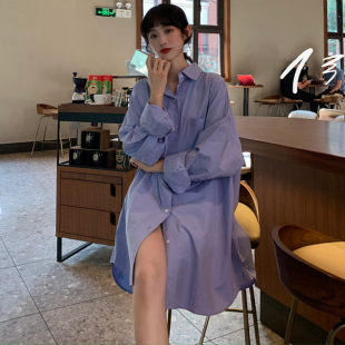 新款春装女生衬衫裙韩版慵懒风宽松oversize中长版大尺码防晒蓝色