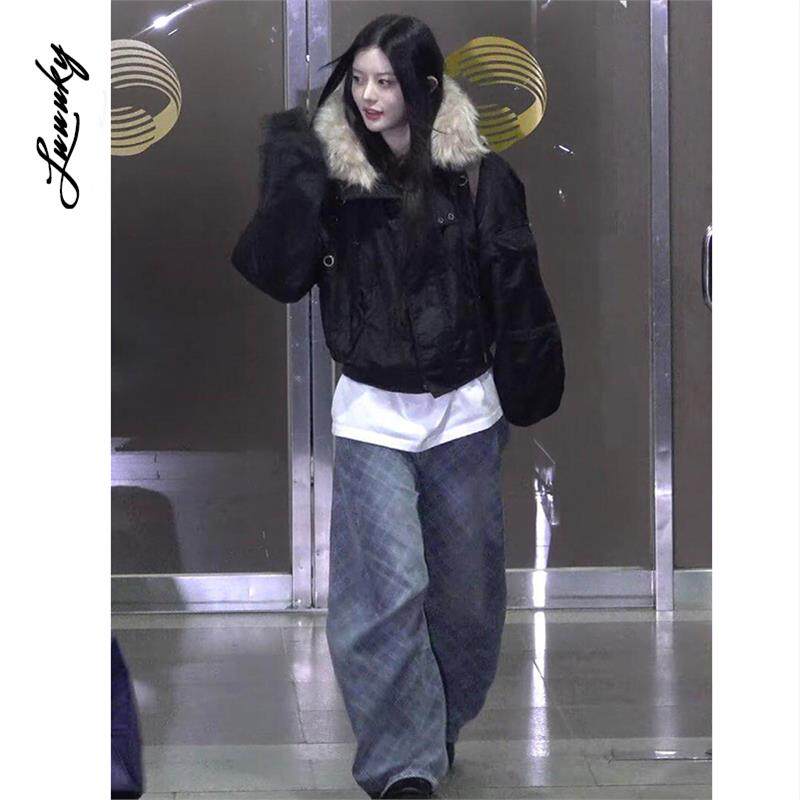 新款朴敏珠同款黑色大毛领加厚夹克棉服外套女冬短款设计感棉衣潮