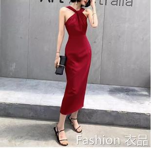 香港消失的她文咏珊李木子同款连衣裙子酒红色晚礼服背心吊带长裙