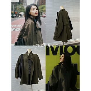 25款现货高圆圆同款橄榄绿高级感立领廊形短风衣外套复古休闲上衣