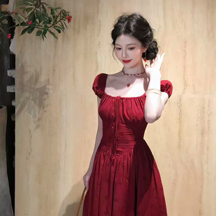 诗诗不emo【显白天菜】法式复古设计感夏弹力收腰显瘦红色连衣裙