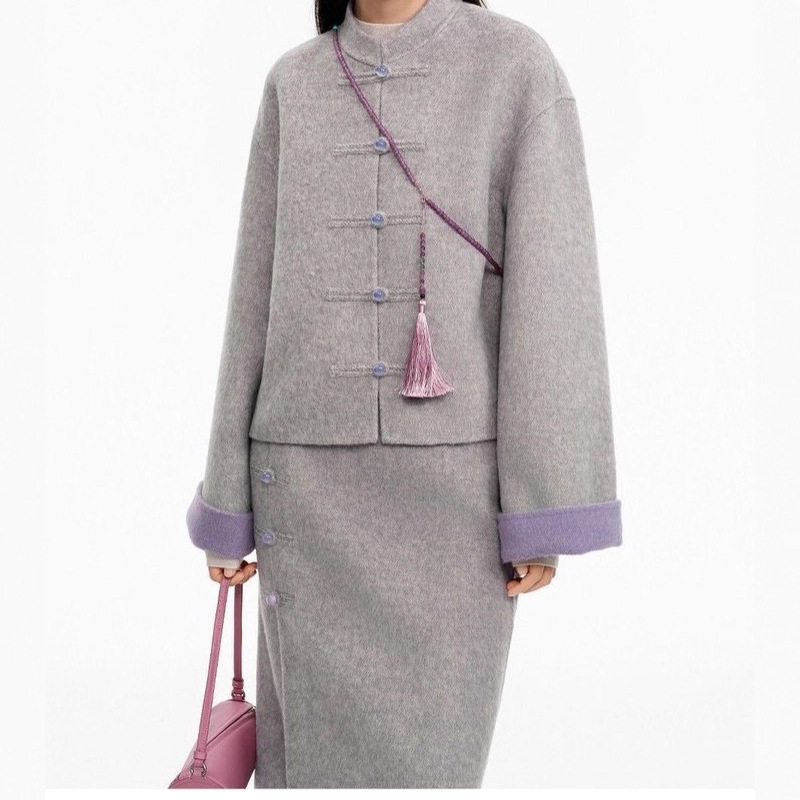SW新中式双面呢新中式外套灰紫相映女25秋冬国风盘扣短呢子上衣