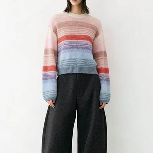 2026春新款多巴胺彩条灯笼袖上衣女百搭时尚甜美彩色条纹针织衫