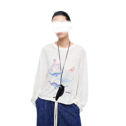 ED亚麻女夏长袖海洋印花针织衫