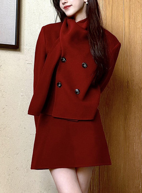 【现货】SW圣诞红绵羊毛围巾领双面呢大衣女25冬季新款红色短外套