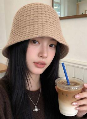华夫格针织渔夫帽女秋冬韩系百搭水桶帽软糯保暖显脸小纯色盆帽子
