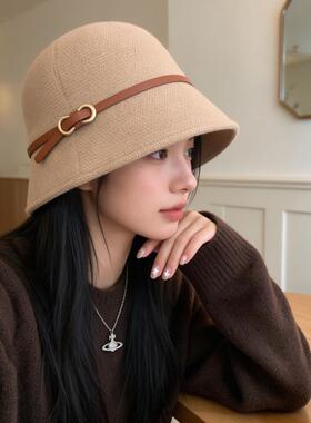 韩系气质皮带扣针织渔夫帽女秋冬新款遮脸水桶帽复古显瘦百搭盆帽