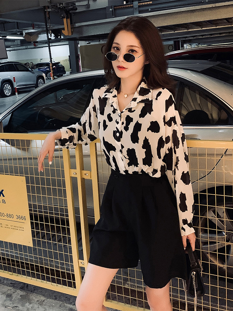 New Lapel leopard shirt High Waist Shorts Set