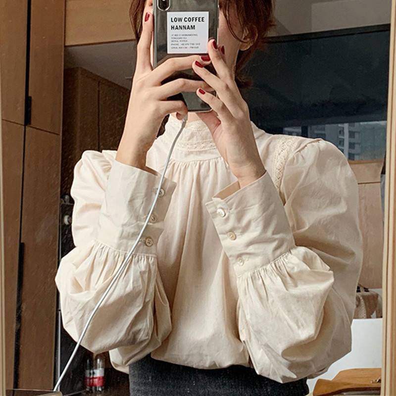 Hejing autumn with lace shirt long sleeve autumn women's net bubble sleeve half high collar super white shirt