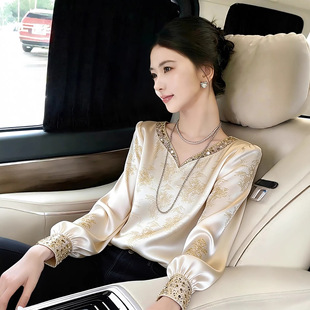 女早春高端小众设计感独特别致新中式 缎面提花上衣 杏色衬衫 现货