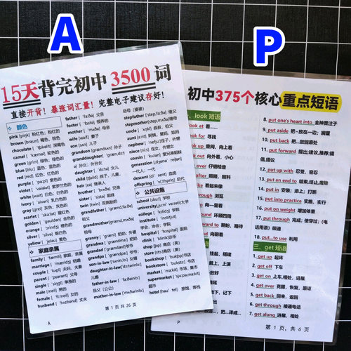 初中英语必背3500个单词高频重点短语汇总复习背诵A4塑封学习卡片
