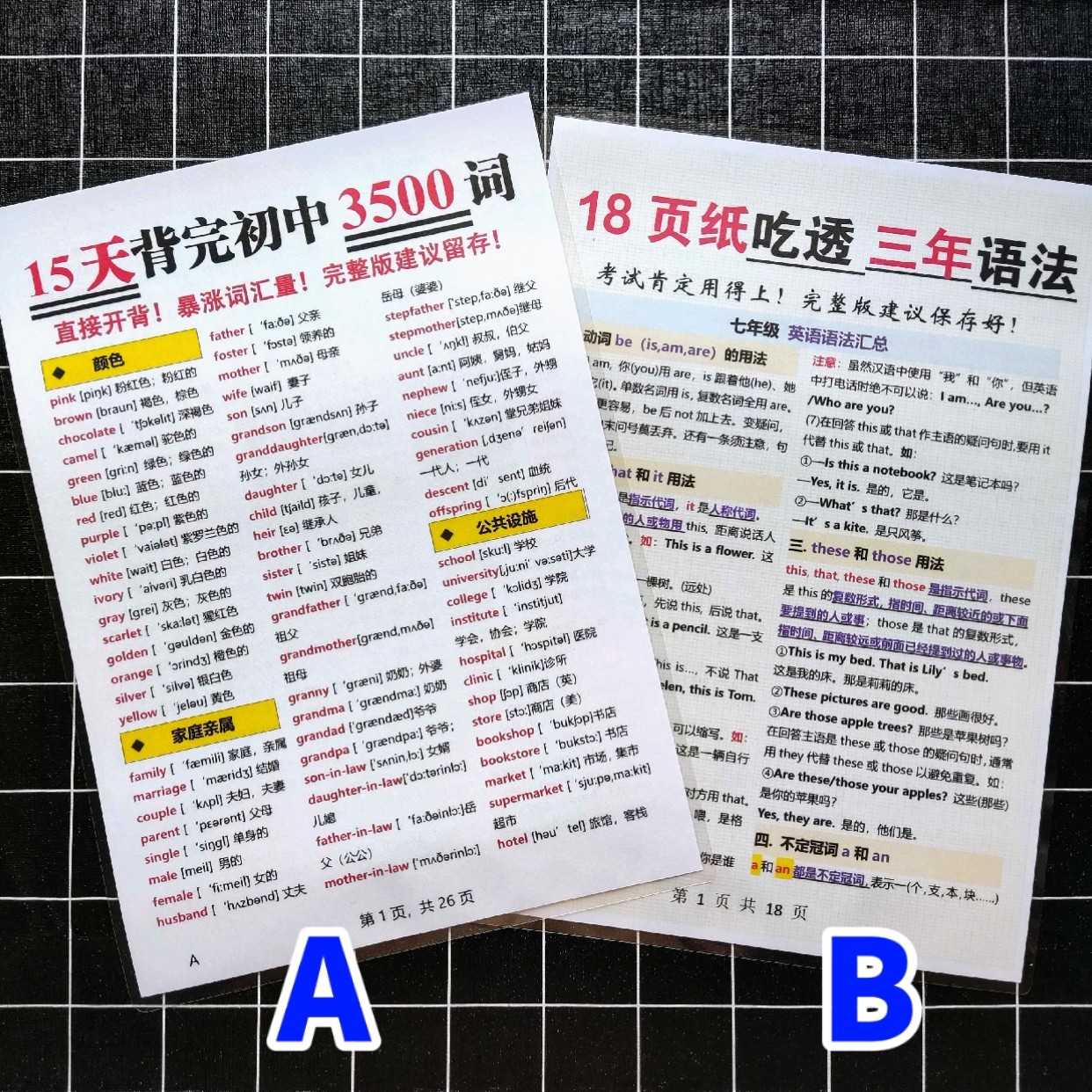 18页吃透初中三年英语语法3500个单词汇总复习全套A4塑封学习卡片