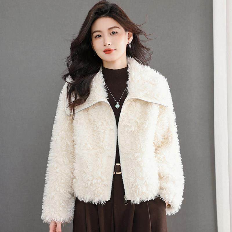 轻奢大翻领仿皮草外套女短款拉链宽松加厚高级感毛绒外套秋冬女装