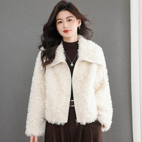 轻奢大翻领仿皮草外套女短款拉链宽松加厚高级感毛绒外套秋冬女装